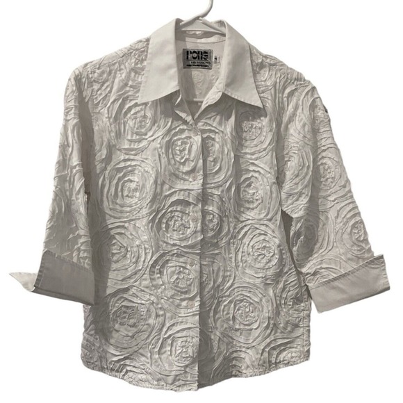 Pong Poco Ltd Button Up Top Womans Small Floral White 3/4 Sleeve Collared Cotton - Picture 1 of 5